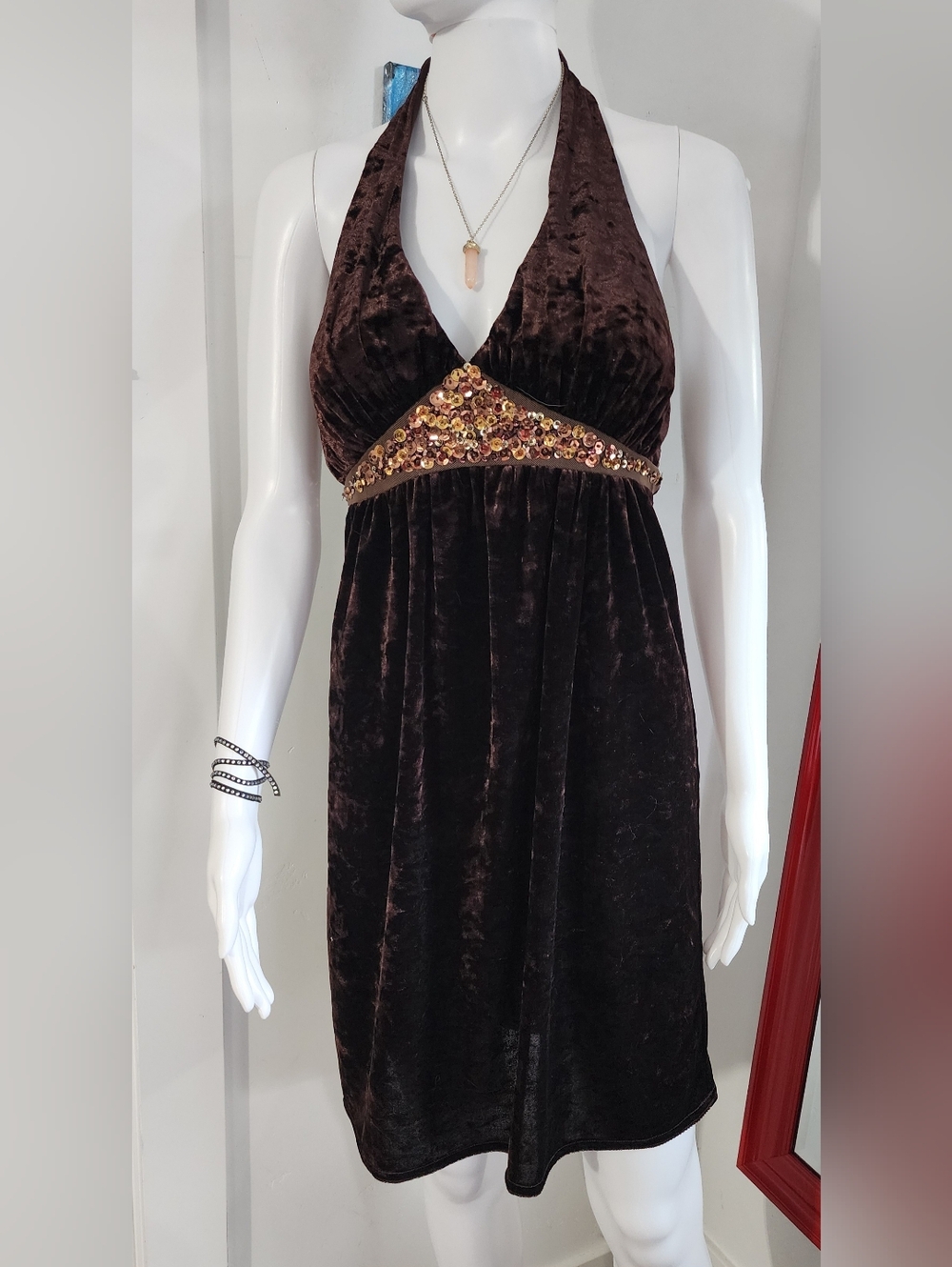 City Triangles Brown Velvet Halter Dress with Embellished Waist